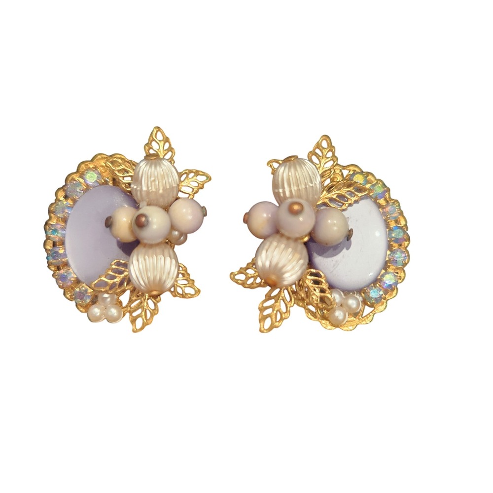 Vintage Lavender Purple AB Rhinestone Faux Pearl Gold Tone Clip On‎ Earrings